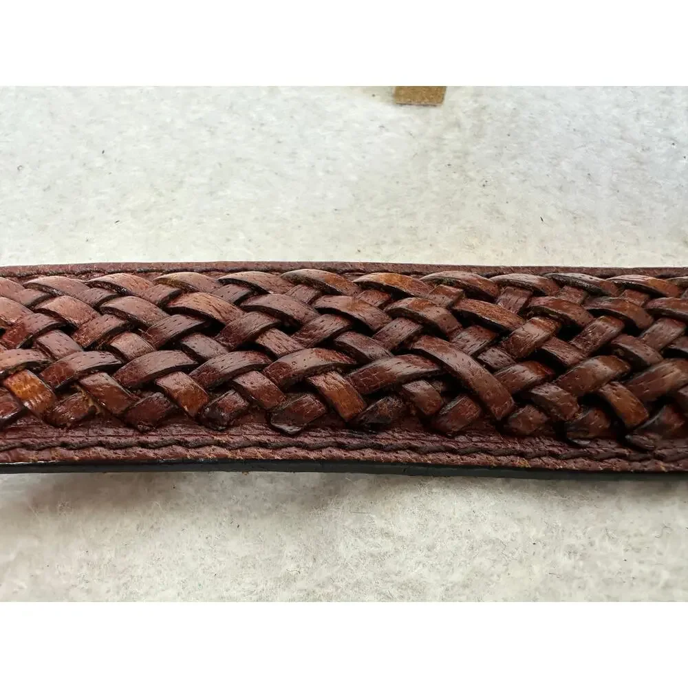 Brown Leather Woven Braided Belt Featuring Polished Brass-Tone Buckle